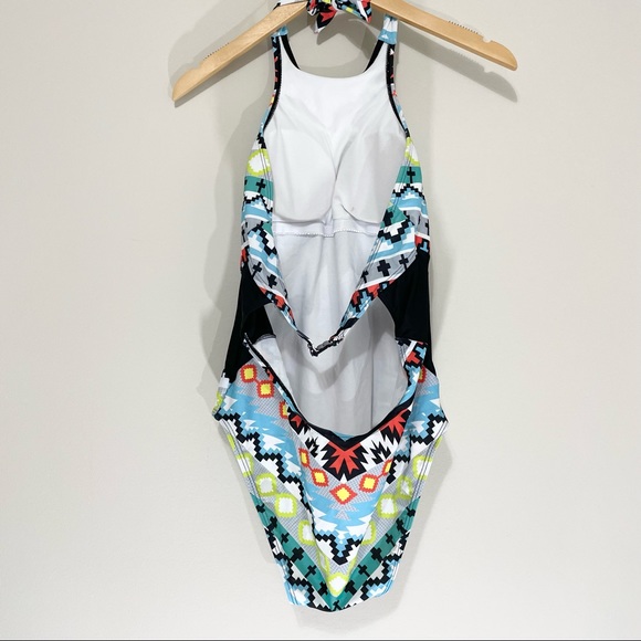 Farysays Retro Boho High Neck Low Cut Back One Piece Swim Suit Size M - Picture 4 of 7